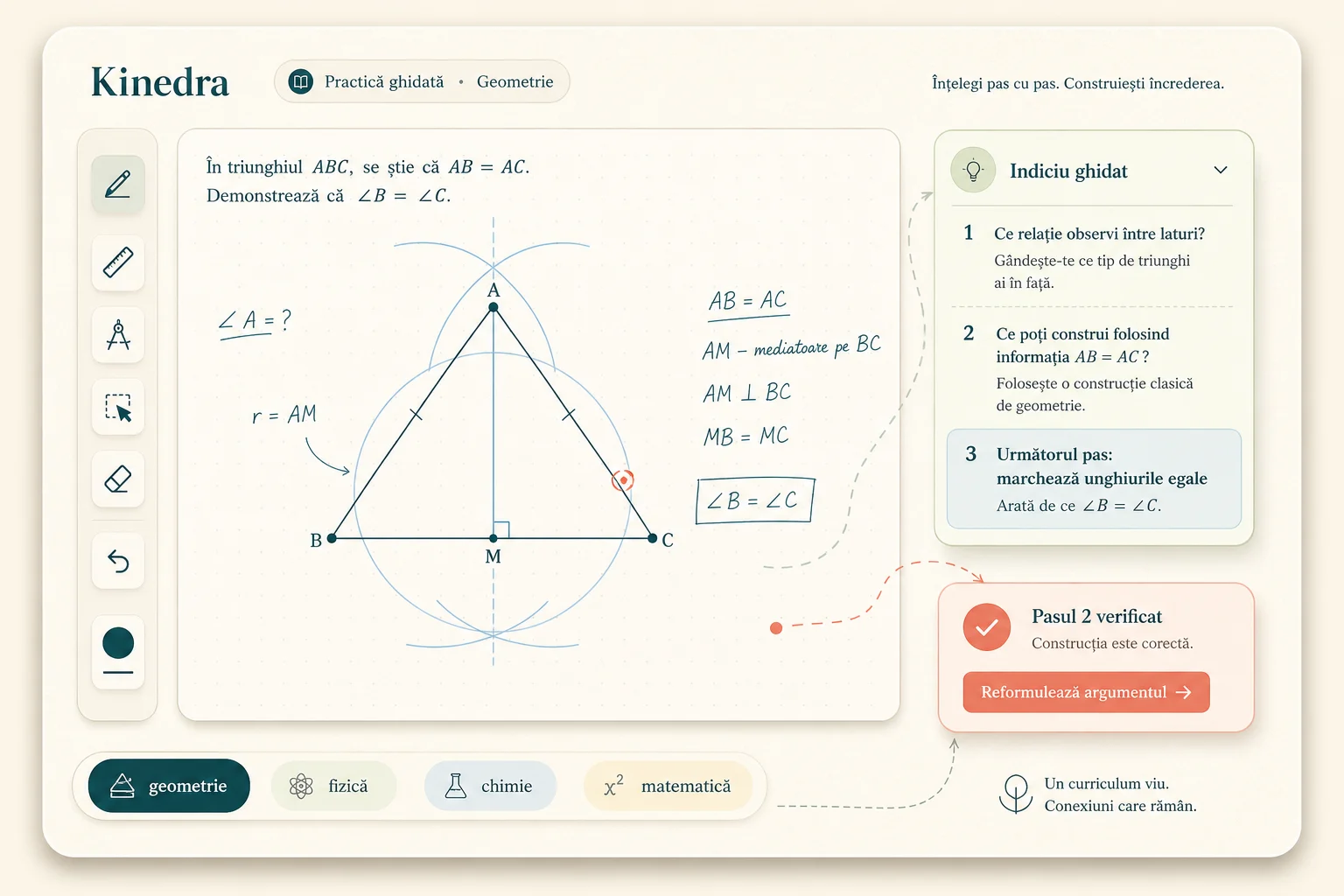 Vizual conceptual Kinedra cu tablă interactivă pentru practică ghidată la geometrie și științe, fără date reale sau persoane.